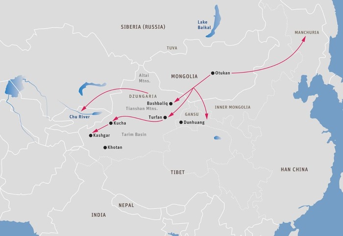 الخريطة العشرين: تشتت الأويغوريين الأورخون من منغوليا وجونغاريا