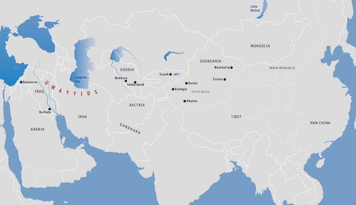 地图六：7世纪末中亚的角逐力量。