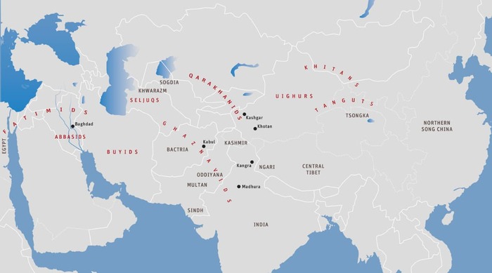 الخريطة السابعة والعشرين: صعود الإمبراطوريات القراخانية والغزنوية والتانغوتية في النصف الأول من القرن الحادي عشر